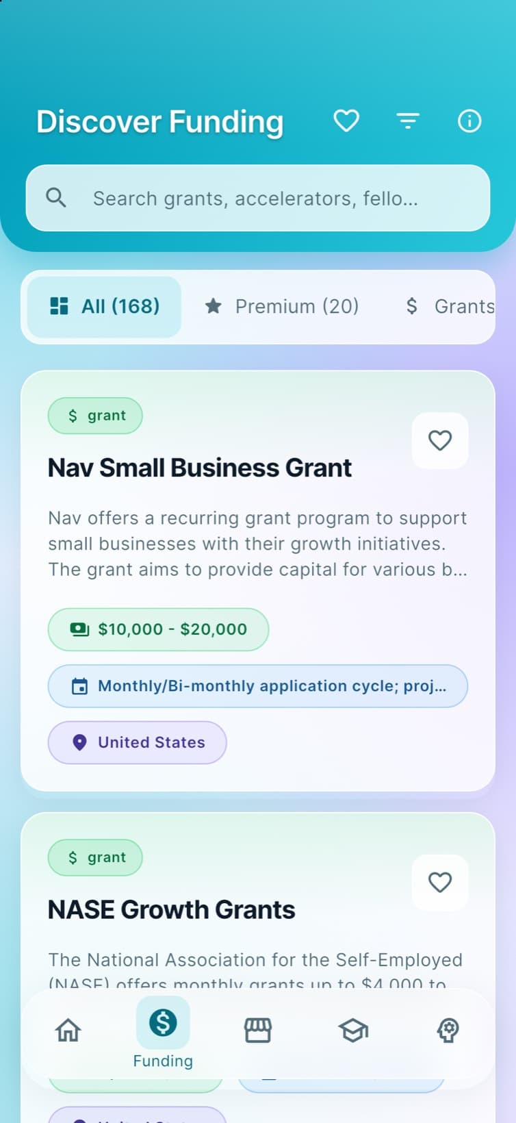 The Discover Funding screen, listing grants with their amounts, deadlines and locations.