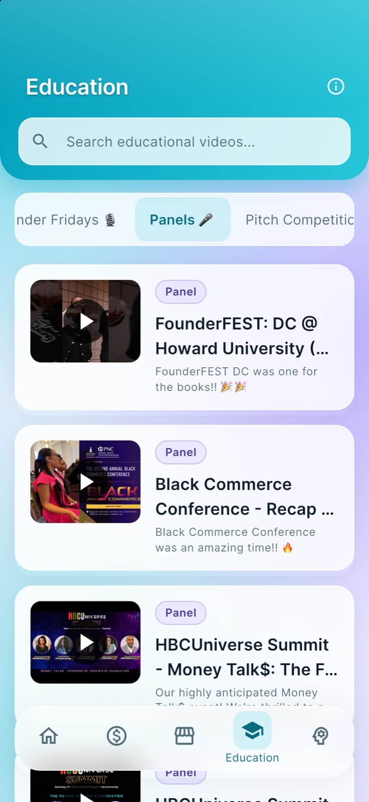 The Education screen, listing video recaps and panels from Venture for T.H.E.M. events.